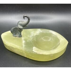 Vintage Green Onyx Trinket Ring Dish Bronze Trunk Up Elephant With Patina